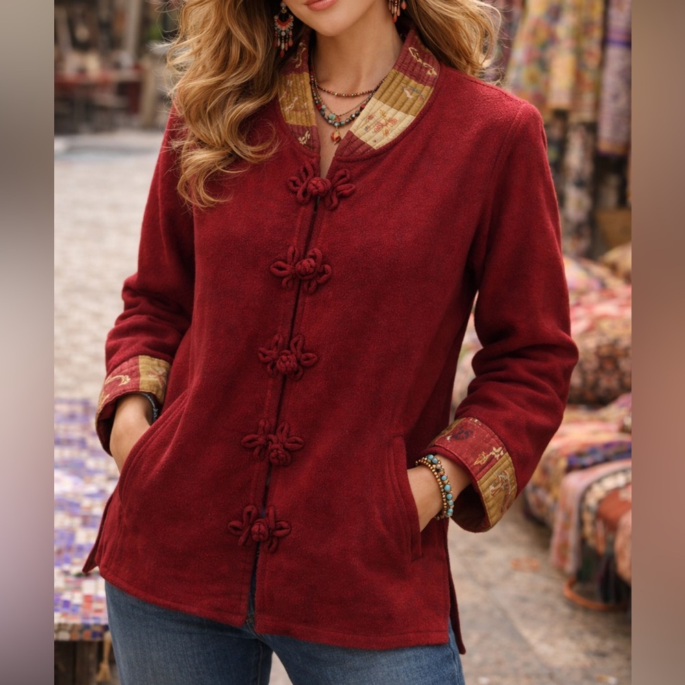 Women’s Vintage Fresh Groove Red Wool Floral Trim Mandarin Collar Jacket